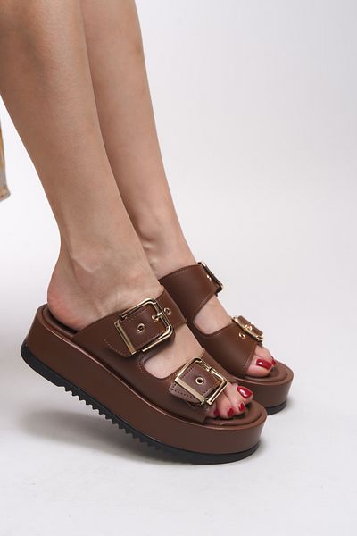 Riccon Papuci Winledha pentru femei - cataramă dublă, piele maro, 001278   Model
