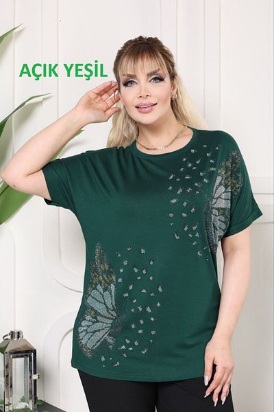 MODA Round Neck Bat Sleeve Butterfly Pattern Stone Printed Comfortable Lycra Flexible Plus Size Blouse