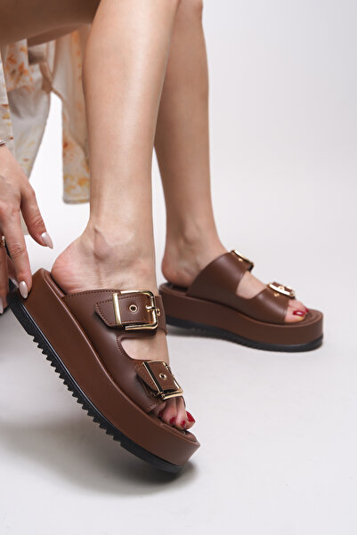 Riccon Winledha Women's Slippers - Double Buckle, Brown Skin, 001278 Model