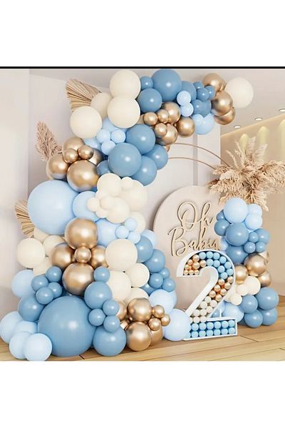 Çemrek Süs Parti Retro White Baby Blue Gold Chrome Blue Balloon Chain Set of 100