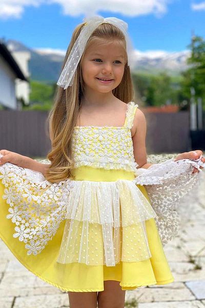 Riccotarz Girl's Square Neck Strap Yellow Dress with Tulle Lace Embroidered Lining