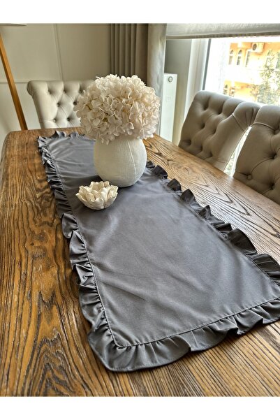 Decamor home Pamuklu Vintage Tam Fırfırlı Antrasit Füme Runner Dertsiz