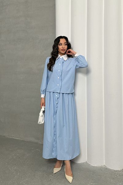 MD trend Women's Striped Front Detailed Shirt-Skirt Double Set
