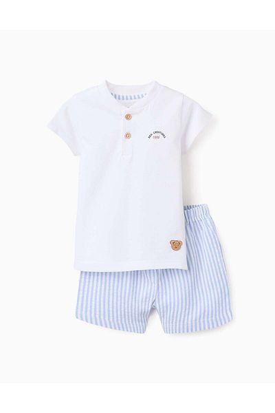 Ziddy Cotton Pyjama with Stripes for Baby Boys, White/Blue