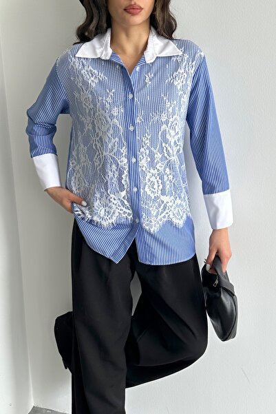 MD trend Γυναικείο πουκάμισο με ριγέ δαντέλα κεντημένο