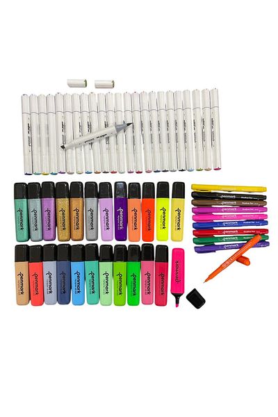 penmark 58 Mega Set 24 Highlighter + 24 Brush Marker + 10 Fineliner (Made in Turkey)