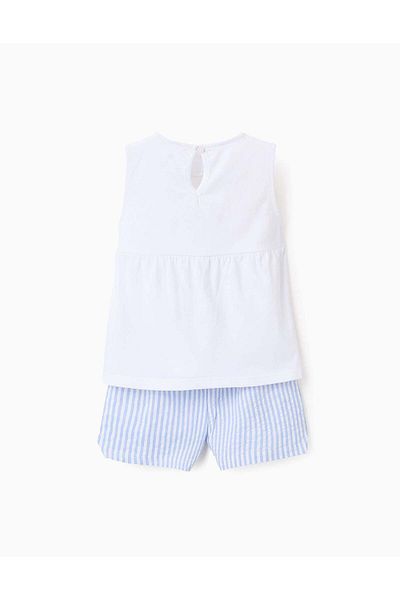 Ziddy Cotton Pyjama with Lace and Stripes for Baby Girls, White/Blue