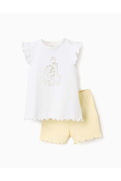 Ziddy Cotton Pyjama with Frills for Baby Girls 'Giraffe', White/Yellow