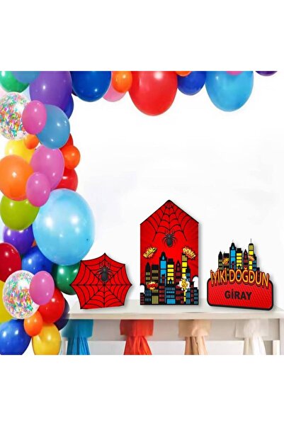 Big Party Spider Temalı Dekoratif Kişiye Özel Ayaklı Pano 3 Parça Set