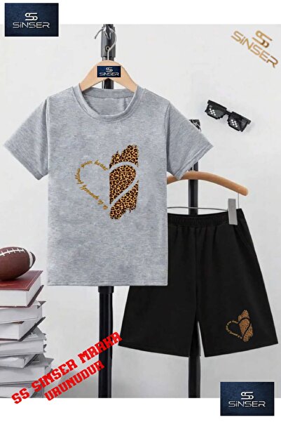 SS SİNSER Tricou cu gât rotund cu imprimeu special HEART LEOPARD pentru copii...