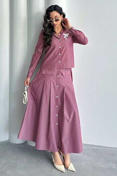 MD trend Women's Striped Pocket Detailed Buttoned Shirt-Skirt Two-Piece Set