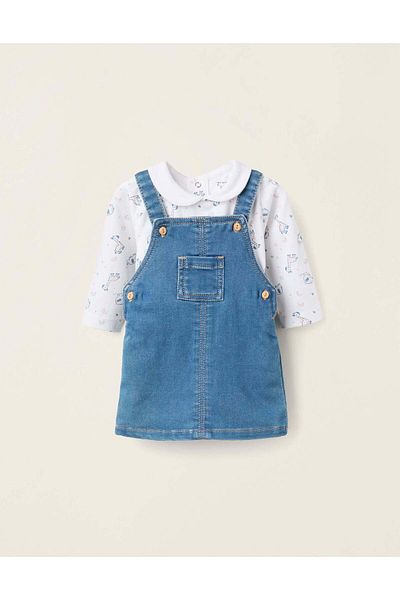 Ziddy Safari Bodysuit + Denim Pinafore Dress for Newborn Girls, White/Blue