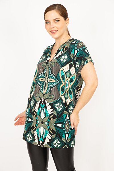 Şans Γυναικείο πράσινο μεγάλο μέγεθος V-λαιμόκοψη πλαϊνή τσέπη με χαμηλό μανίκι 65n35940