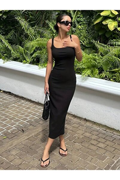 Viyamo Yeni Sezon Kadın İp Askılı Yuvarlak Yakalı Yırtmaçlı Midi Kaşkorse Elbise