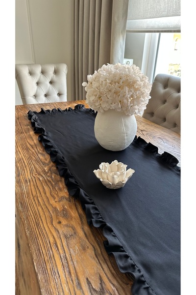 Decamor home Pamuklu Dertsiz Leke Tutmaz Vintage Tam Fırfırlı Siyah Runner