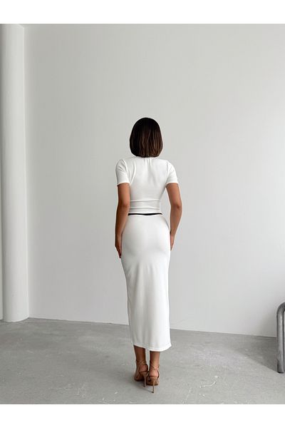 Lusin Women's White Stylish Button Detailed Blouse Skirt Double Knitwear Set