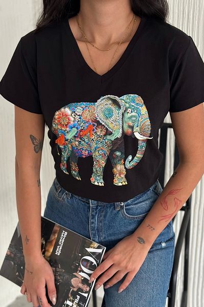 Bİ.GİYSEN Women's Large Size Black V-Neck Front Elephant Embroidered Sequin Embroidered 100% Cotton Combed Cotton Blouse