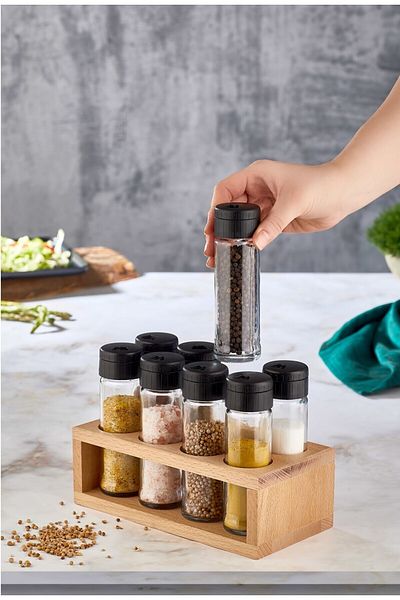 Rapt 8-Piece Spice Rack with Wooden Stand and Glass Jar Spice Set Spice Set