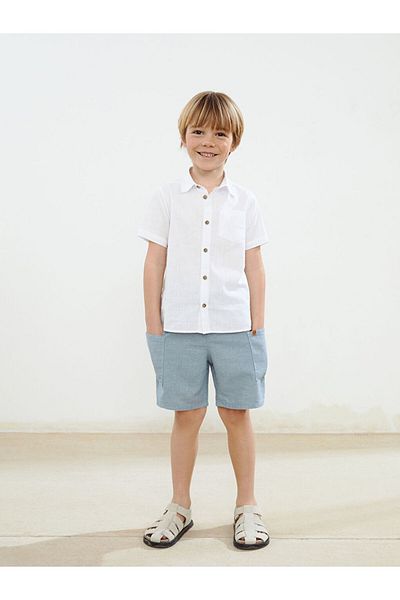 LC Waikiki LCW Kids Blue Elastic în talie Pantaloni scurți de in pentru băiat cu buzunare