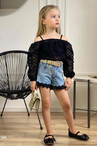 Riccotarz Girl's Square Neck Strap Tank Top Sheer Tulle Off Shoulder Blouse Lace Embroidered Jean Shorts Suit