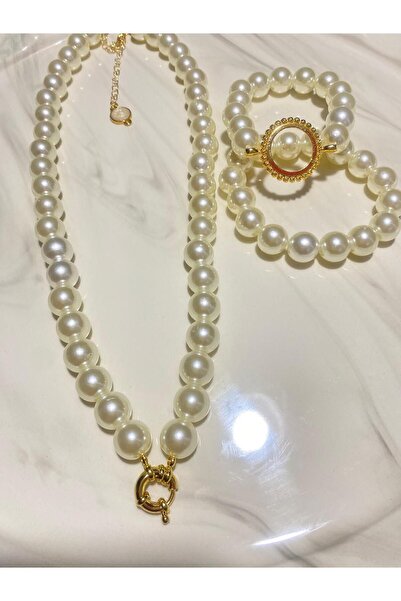 PD GRUP İncili Çeyrek Altın Uyumlu Çeyrek Çerçeveli Bileklik Incili Gemici Kilitli Sistem Kolye Set Dorika