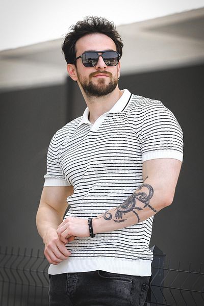 Oksit Ανδρικό πλεκτό μπλουζάκι Mirko ριγέ Lycra Slim Fit Polo Neck