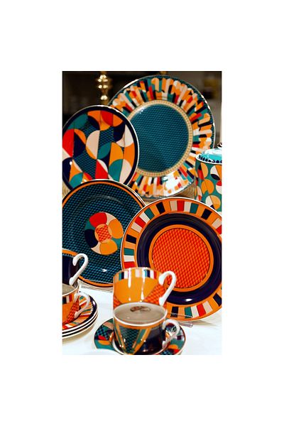 Lucky Art Leslie Bone - Set of 7 Geometric Patterned Porcelain Cake Plates