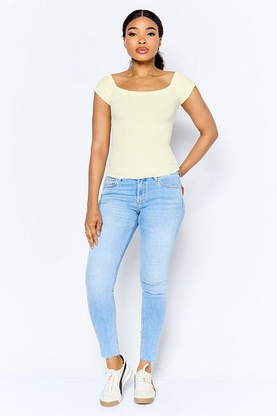 DeFacto Women Off Shoulder Ribbed Top, Yellow