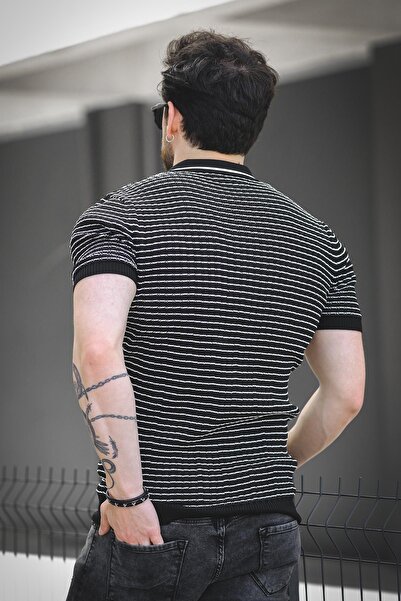 Oksit Ανδρικό πλεκτό μπλουζάκι Mirko ριγέ Lycra Slim Fit Polo Neck