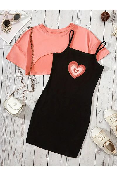 Machetta Children's Heart Printed Dress & Crop T-Shirt 2-Piece Combination