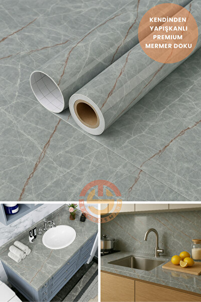 TechnoSmart 60x300cm Kendinden Yapışkanlı Mermer Desen Duvar Kağıdı Kaplama Mutfak Tezgeh Masa Folyo
