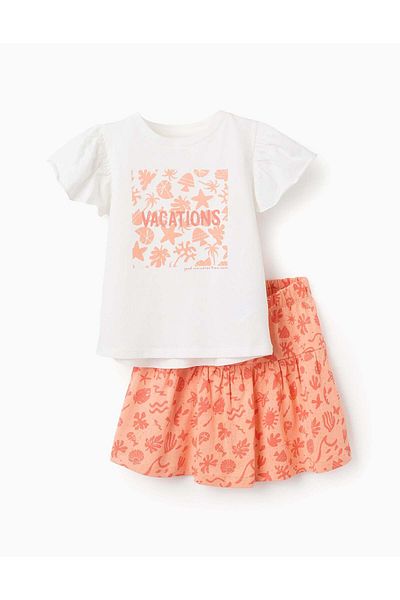 Ziddy T-shirt + Skirt with Motif for Girls 'Vacations', Coral/White