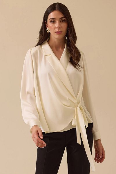 SEÇİL Women's Tied Double Breasted Satin Blouse 0018 Ecru Model