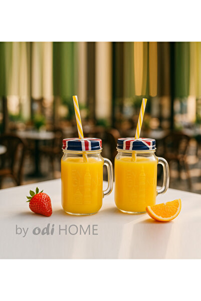 ODİ HOME 490 ml England Mug - 2 Glass Cups with Straws and Lid as a Gift