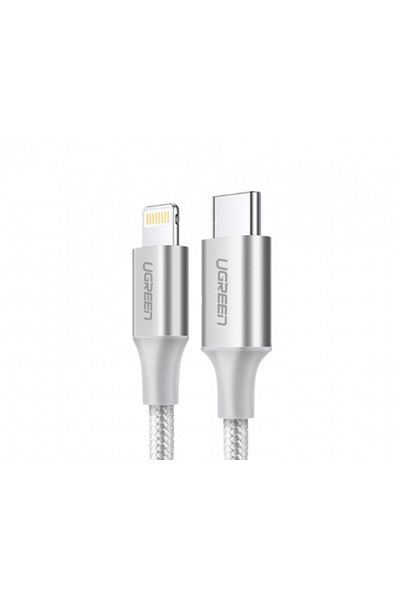 Ugreen كابل شحن سريع معتمد من 3a Pd Mfi من النوع C إلى Lightning بطول 1 متر فضي 70523