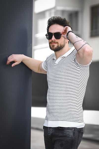 Oksit Ανδρικό πλεκτό μπλουζάκι Mirko ριγέ Lycra Slim Fit Polo Neck