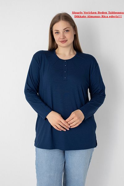 Orly More Viscose Fabric Mini Slit Plus Size Long Sleeve Mother Combed Cotton Blouse with Collar and Button Detail