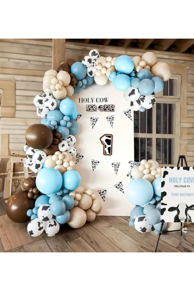 Çemrek Süs Parti Karamel Kahve Mavi Deniz KUmu İnek Desenli Balon Dahil Balon...