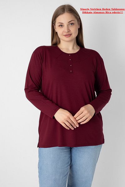Orly More Viscose Fabric Mini Slit Plus Size Long Sleeve Mother Combed Cotton Blouse with Collar and Button Detail