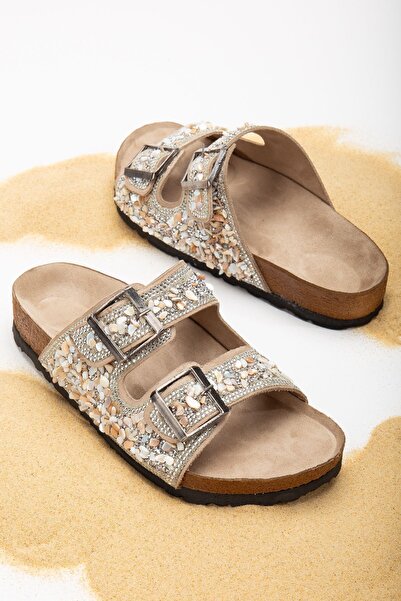 SUNSTEP Women's Natural Stone Beige Double Buckle Sea Stone Orthopedic Slippers