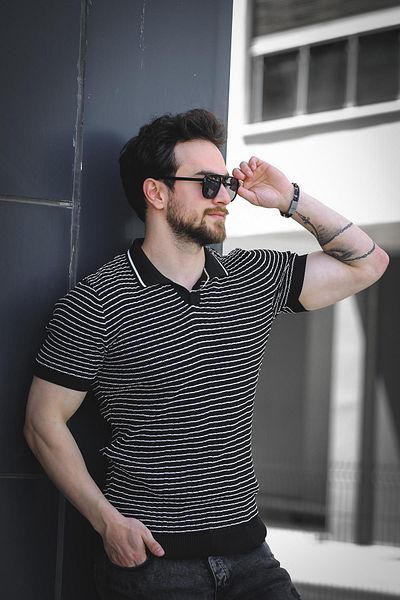 Oksit Ανδρικό πλεκτό μπλουζάκι Mirko ριγέ Lycra Slim Fit Polo Neck