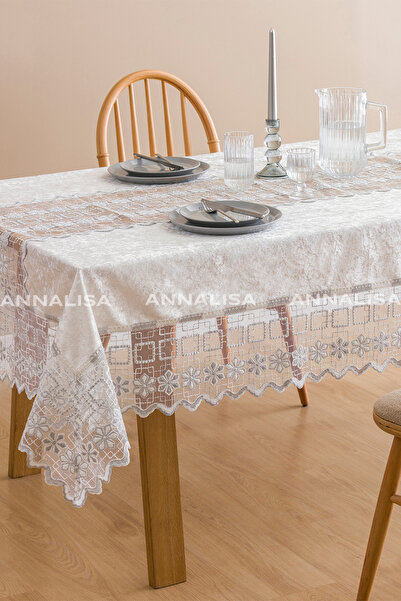 Annalisa Τραπεζομάντηλο Mimosa Velvet Γαλλική Δαντέλα Κρέμα Χρυσό