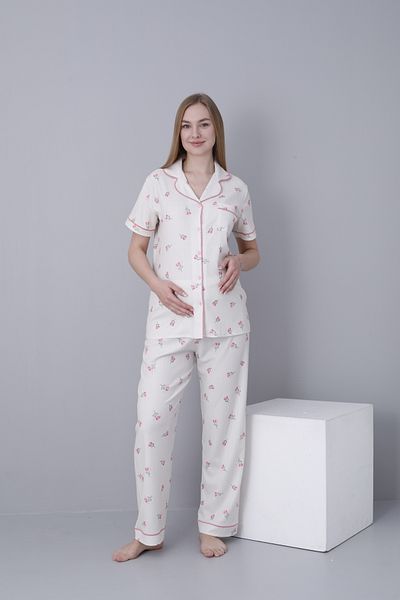 Miss Dünya Lissa Front Buttoned Shirt Collar Short Sleeve Woven Fabric Printed Maternity and Maternity Pajama Set