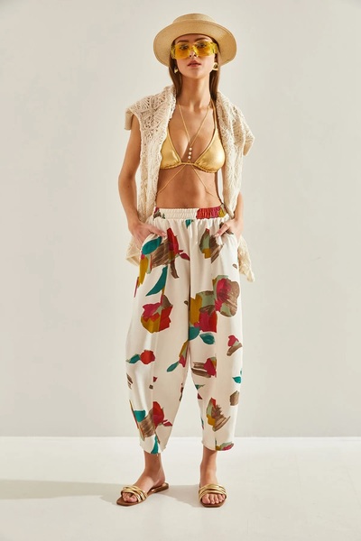 Namaste Vintage Beli lastikli desenli şalvar model keten pantolon