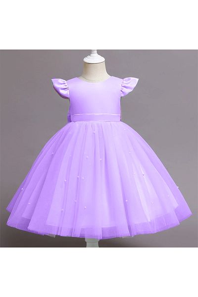 MadyaButik Girl's Lilac Bow Detailed Skirt Pearled Satin Dress