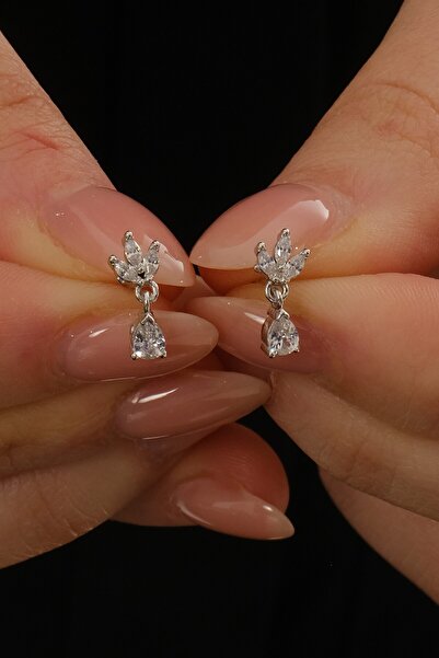 Söğütlü Silver Gümüş rodyumlu zirkon taşlı damla sallantılı lotus küpe SGTL12...