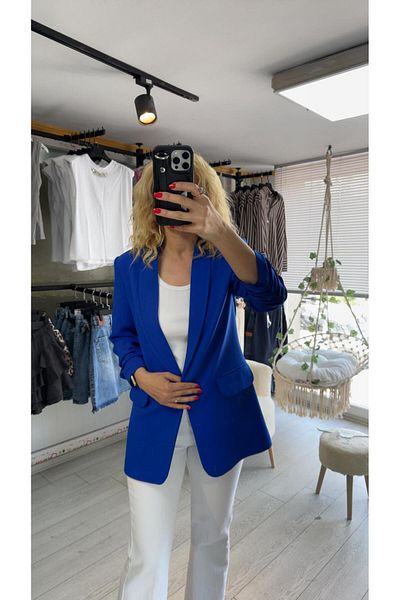 CemBebe Saks Blue Sleeves Gathered Blazer Jacket
