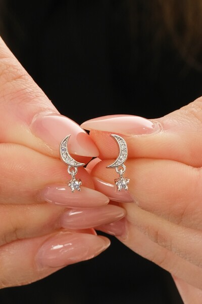 Söğütlü Silver Gümüş rodyumlu zirkon taşlı sallantılı ay yıldız küpe SGTL12831RODAJ