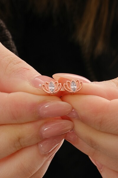 Söğütlü Silver Gümüş rose (MARKIZ) kesim zirkon taşlı lotus küpe SGTL12833ROSE