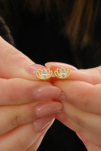 Söğütlü Silver Gümüş altın yaldızlı (MARKIZ) kesim zirkon taşlı lotus küpe SGTL12833GOLD